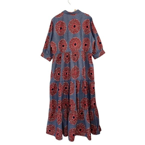 NEW The Oula Company Tiered Maxi Printed Cotton Shirt Dress Blue Red Large - Picture 3 of 11